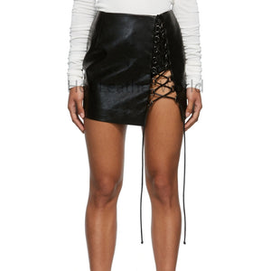 Stylish Black Lace-Up Women Mini Leather Skirt -  HOTLEATHERWORLD