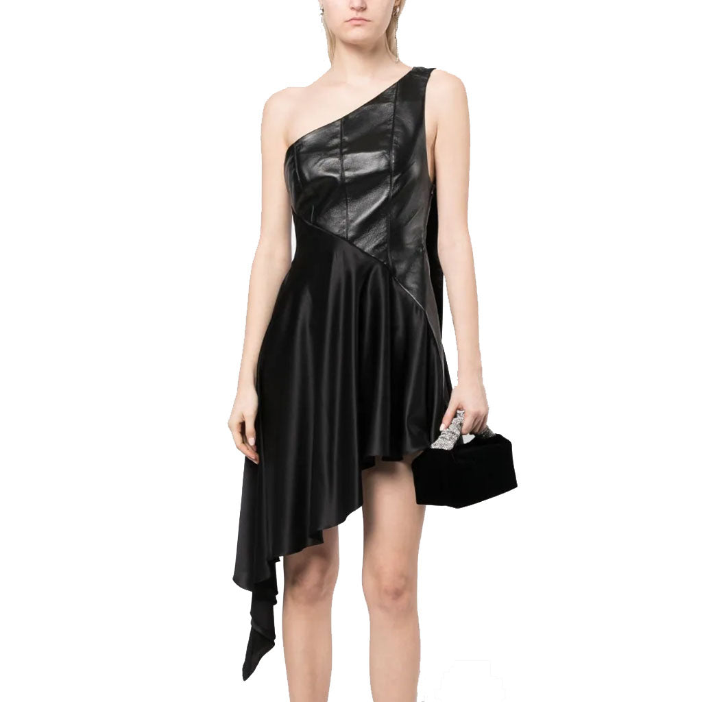 chinese dress ladies Chic Black Pleated Half Half Women Mini Leather Dress L / Grey