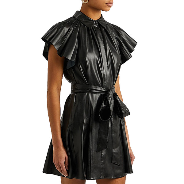 Elegant Black Flutter Sleeve Women Mini Genuine Leather Dress -  HOTLEATHERWORLD