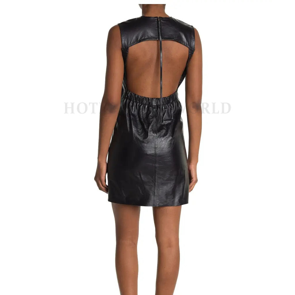 strapless open back dress Open Back Women Mini Leather Dress L / Chocolate Brown