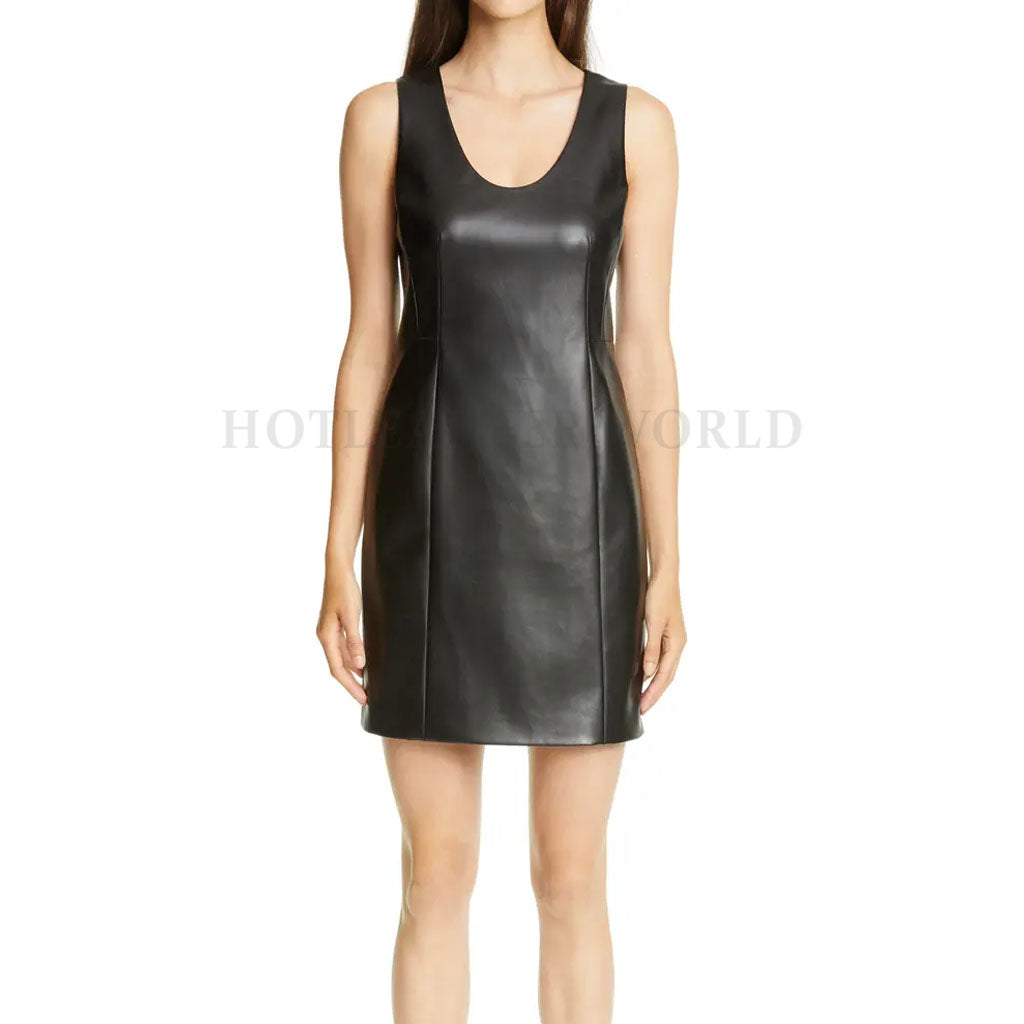 Scoop Neck Women Mini Leather Dress L / DARK RED