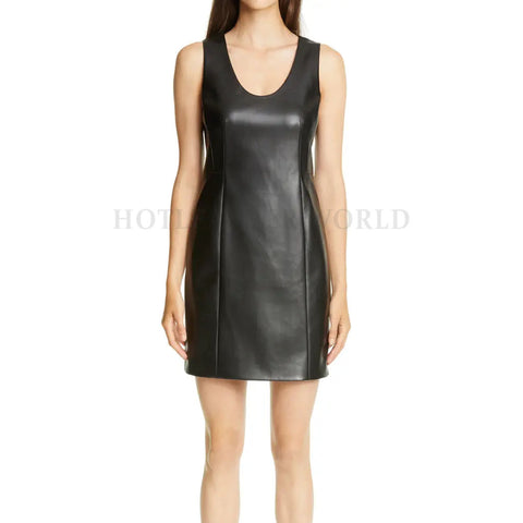 Scoop Neck Women Mini Leather Dress -  HOTLEATHERWORLD