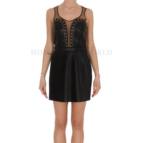 Studded Women Mini Leather Dress -  HOTLEATHERWORLD
