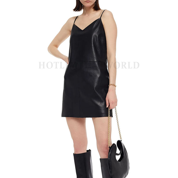 Spaghetti Strap Women Mini Leather Dress -  HOTLEATHERWORLD