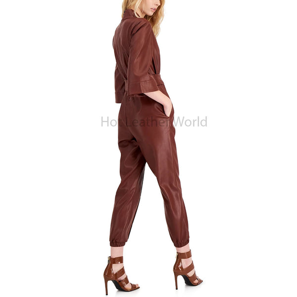 Chocolate Brown Women Wrap Style Elbow Sleeves Genuine Leather Jumpsuit -  HOTLEATHERWORLD