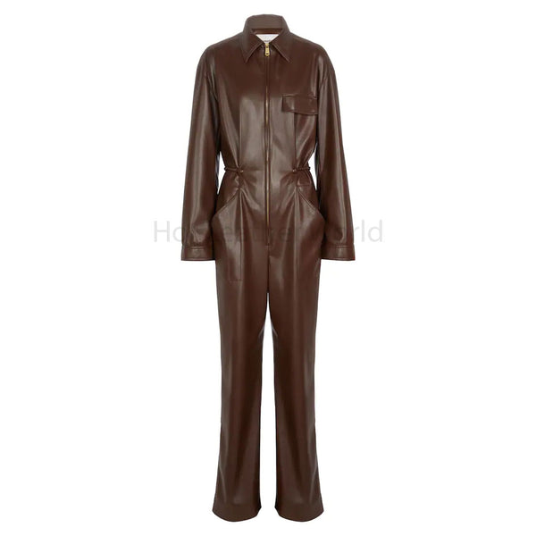 Dark Brown Multi-Pockets Women Leather Jumpsuit -  HOTLEATHERWORLD