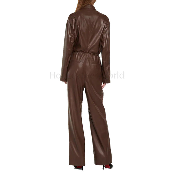 Dark Brown Multi-Pockets Women Leather Jumpsuit -  HOTLEATHERWORLD