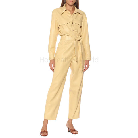 Pastel Yellow Elegant Button Up Women Leather Jumpsuit -  HOTLEATHERWORLD