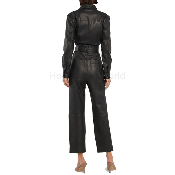 Stunning Black Snap Button Multi Pockets Women Leather Jumpsuit -  HOTLEATHERWORLD