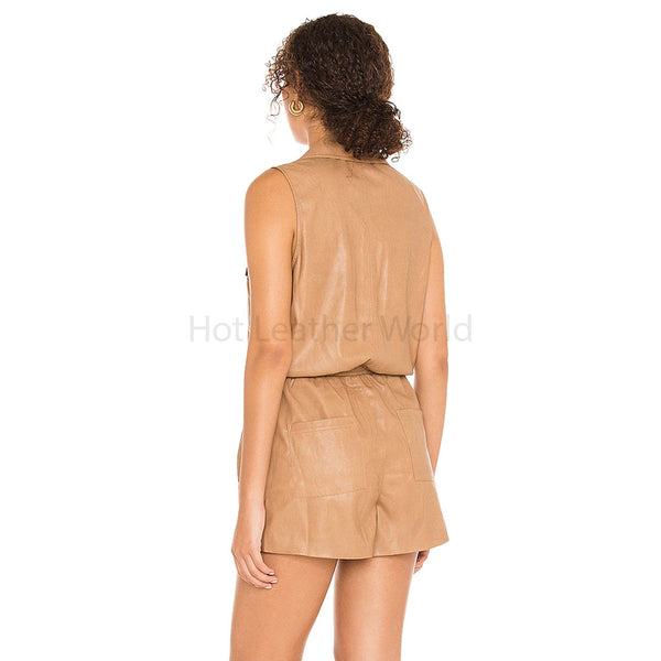 Camel Brown Pleasant Drawstring Waistband Women Leather Playsuit -  HOTLEATHERWORLD