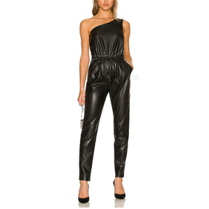 Black Appealing One Shoulder Women Leather Jumpsuit -  HOTLEATHERWORLD
