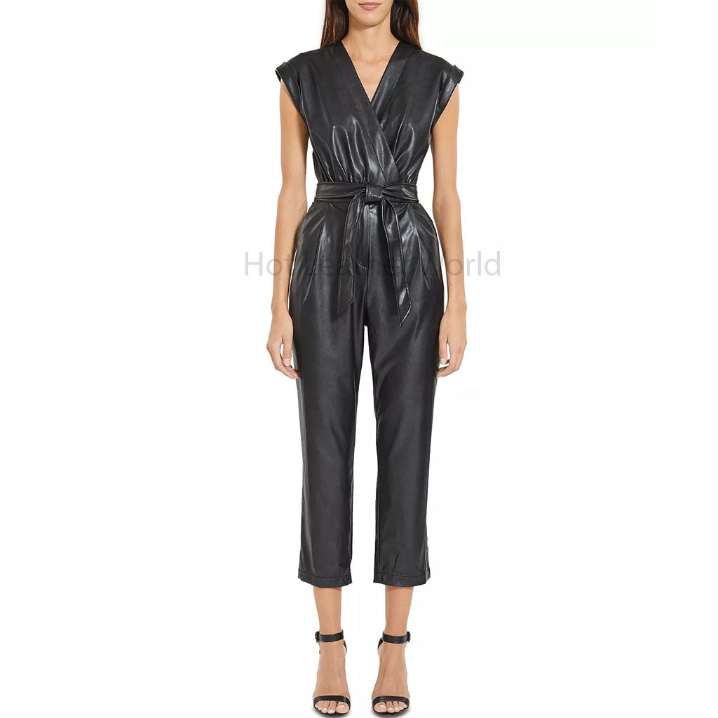 Classy Black Crossover Pull On Style Women Leather Jumpsuit -  HOTLEATHERWORLD