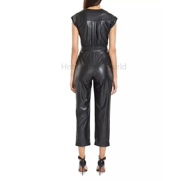 Classy Black Crossover Pull On Style Women Leather Jumpsuit -  HOTLEATHERWORLD