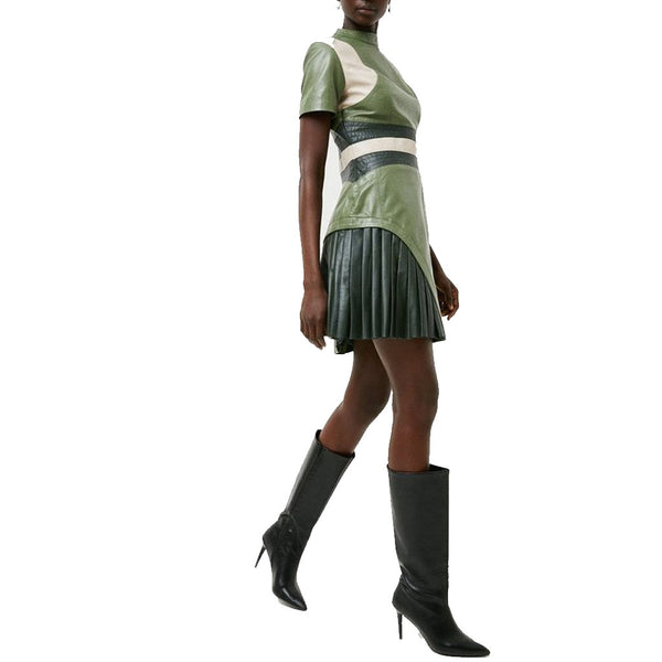 Sage Green Colorblock Pleated Women Mini Summer Leather Dress -  HOTLEATHERWORLD