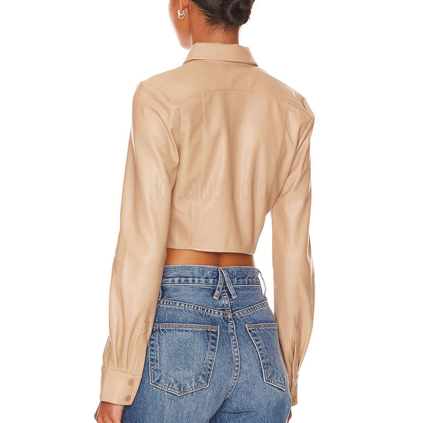 Beige Button Up Front Women Cropped Leather Shirt -  HOTLEATHERWORLD