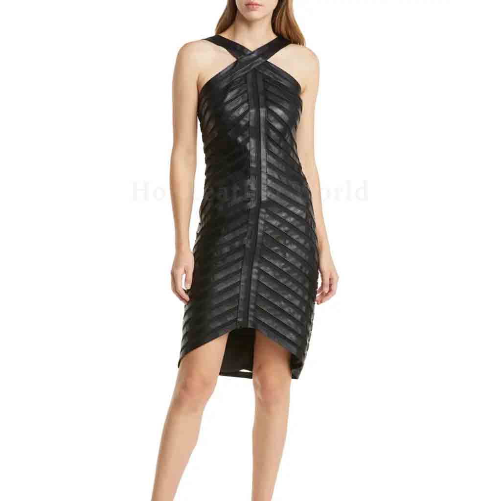 Voguish Black Banded Women High Low Leather Dress -  HOTLEATHERWORLD