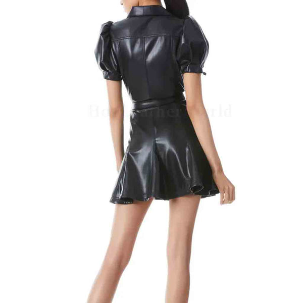 Black Puffed Sleeves Button Down Women Leather Dress -  HOTLEATHERWORLD