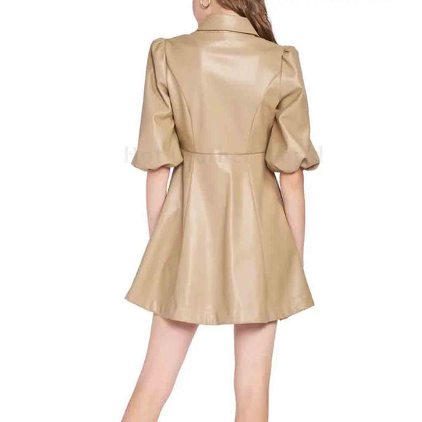 Dark Beige Puffed Sleeves Flared Women Mini Leather Dress -  HOTLEATHERWORLD