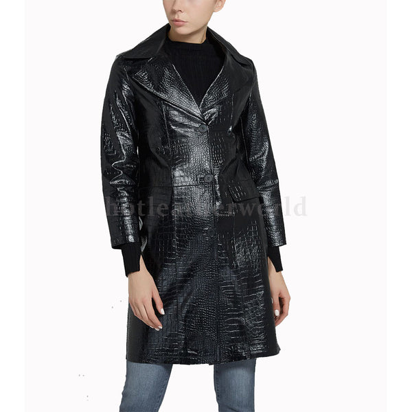 Croc-Embossed Leather Coat For Women -  HOTLEATHERWORLD