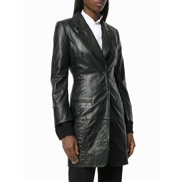 Two Button Women Notch Collar Leather Coat -  HOTLEATHERWORLD