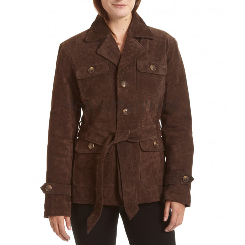 Belted Notch Collar Suede Leather Coat -  HOTLEATHERWORLD