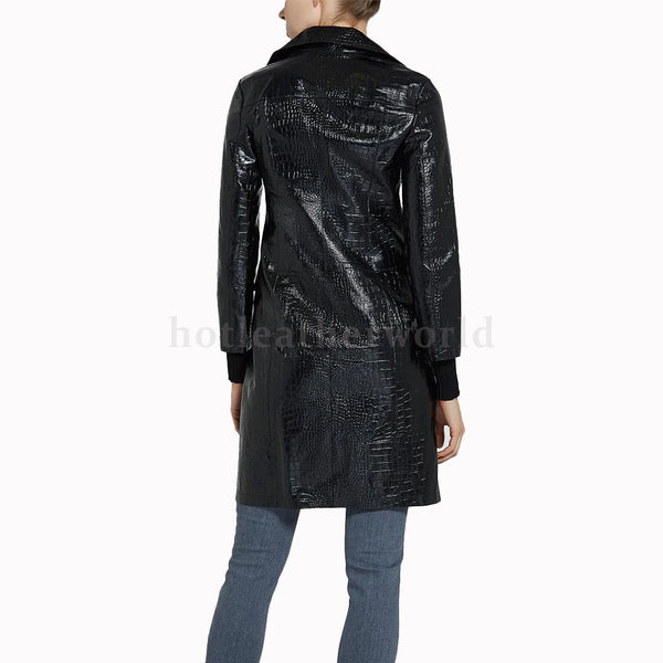 Croc-Embossed Leather Coat For Women -  HOTLEATHERWORLD