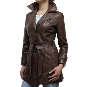 Belted Waist Women Leather Coat -  HOTLEATHERWORLD