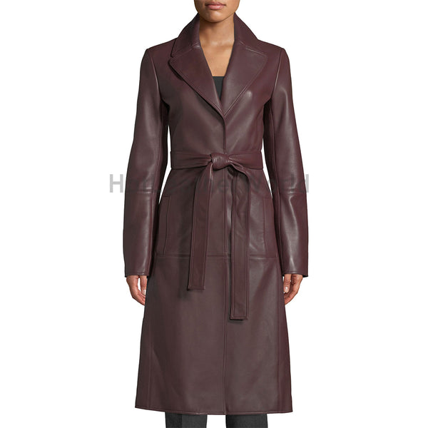 Knotted Belt Stylish Women Leather Trench Coat -  HOTLEATHERWORLD