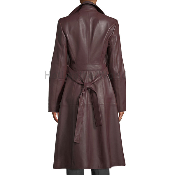 Knotted Belt Stylish Women Leather Trench Coat -  HOTLEATHERWORLD