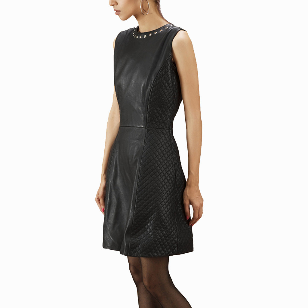 Partial Quilted Elegant Women Leather Dress