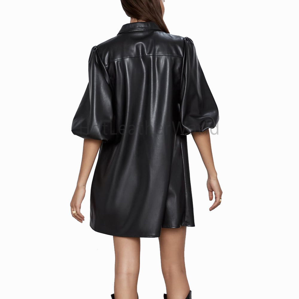 Collared Black A Line Flattering Mini Faux Leather Dress XL / Brown