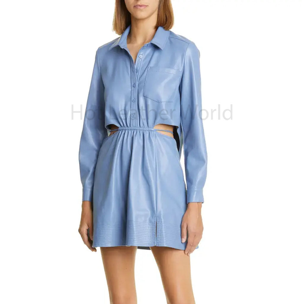 Light Blue Cutout Detailed Women Leather Shirt Dress CUSTOM / RED