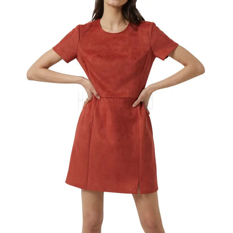 Bold Red A-Line Women Suede Leather Dress -  HOTLEATHERWORLD