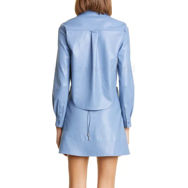 Light Blue Cutout Detailed Women Leather Shirt Dress -  HOTLEATHERWORLD