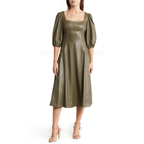 Olive Green Paneled Midi Women Leather Dress -  HOTLEATHERWORLD