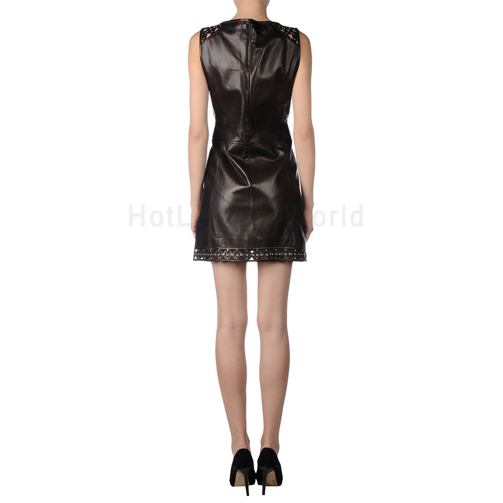 Lace Detailed Mini Women Leather Dress XXL / Chocolate Brown