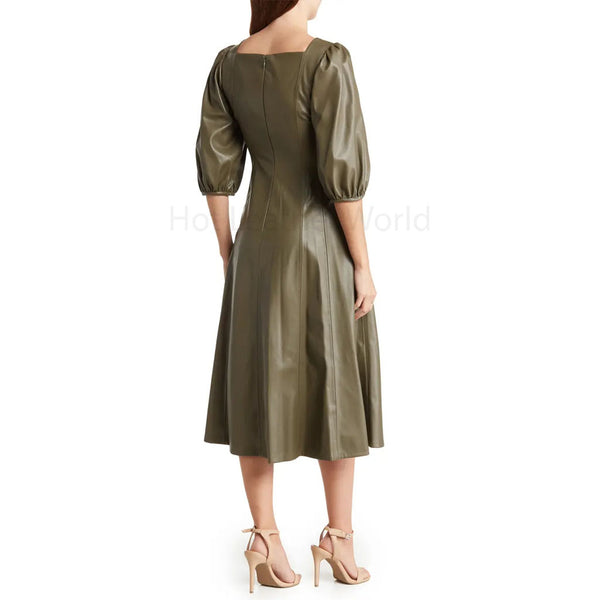 Olive Green Paneled Midi Women Leather Dress -  HOTLEATHERWORLD