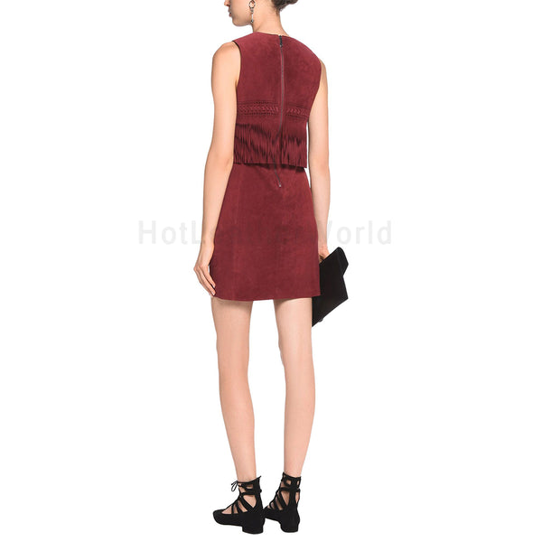 Amazing Fringe Detailed Women Mini Suede Leather Dress -  HOTLEATHERWORLD