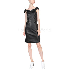 Off Shoulder Women Mini Leather Dress -  HOTLEATHERWORLD
