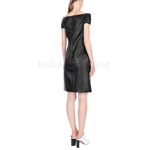 Off Shoulder Women Mini Leather Dress -  HOTLEATHERWORLD