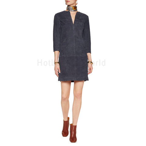 Stylish Women Suede Leather Tunic Dress -  HOTLEATHERWORLD