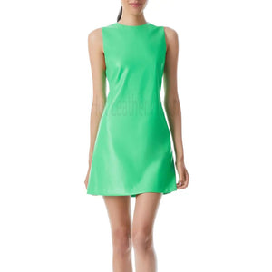 Neon Green A Line Women Mini Leather Dress -  HOTLEATHERWORLD
