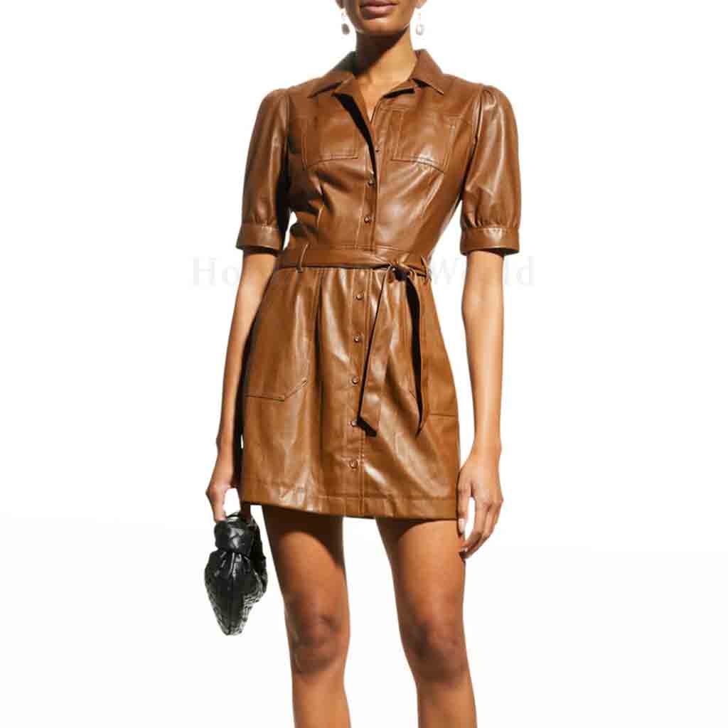 Chic Brown Shirt Style Buttoned Front Women Mini Leather Dress 2XL / CHOCOLATE Brown Chic Brown Shirt Style Buttoned Front Women Mini Leather Dress 2XL / CHOCOLATE Brown