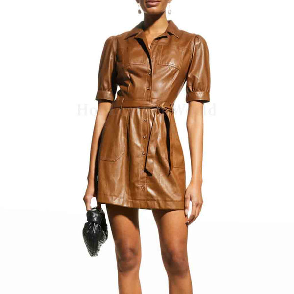 Chic Brown Shirt Style Buttoned Front Women Mini Leather Dress -  HOTLEATHERWORLD