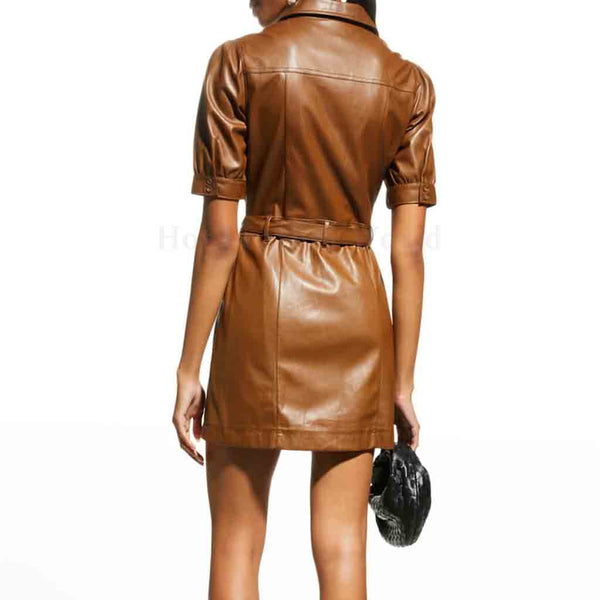 Chic Brown Shirt Style Buttoned Front Women Mini Leather Dress -  HOTLEATHERWORLD