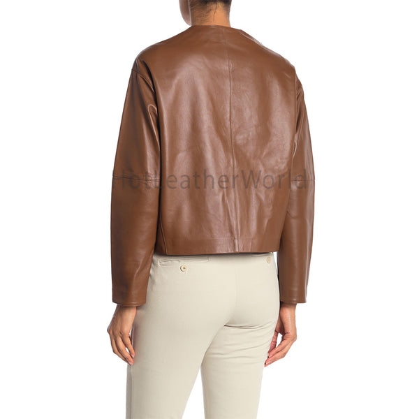 Round Neckline Women Leather Jacket -  HOTLEATHERWORLD