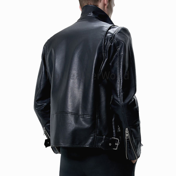 Notched Lapel Collar Black Leather Biker Jacket -  HOTLEATHERWORLD