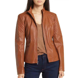 Cognac Brown Quilted Women Leather Jacket -  HOTLEATHERWORLD