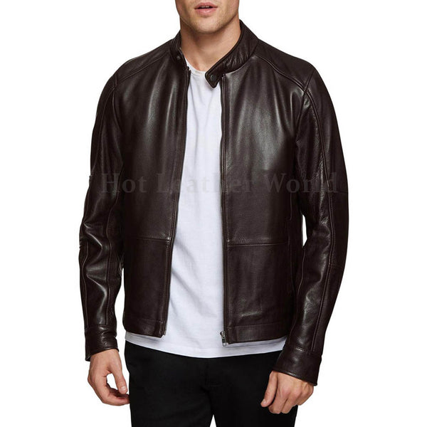 Tab Collar Men Genuine Leather Jacket -  HOTLEATHERWORLD