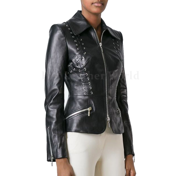 Lace Detailed Women Biker Leather Jacket -  HOTLEATHERWORLD